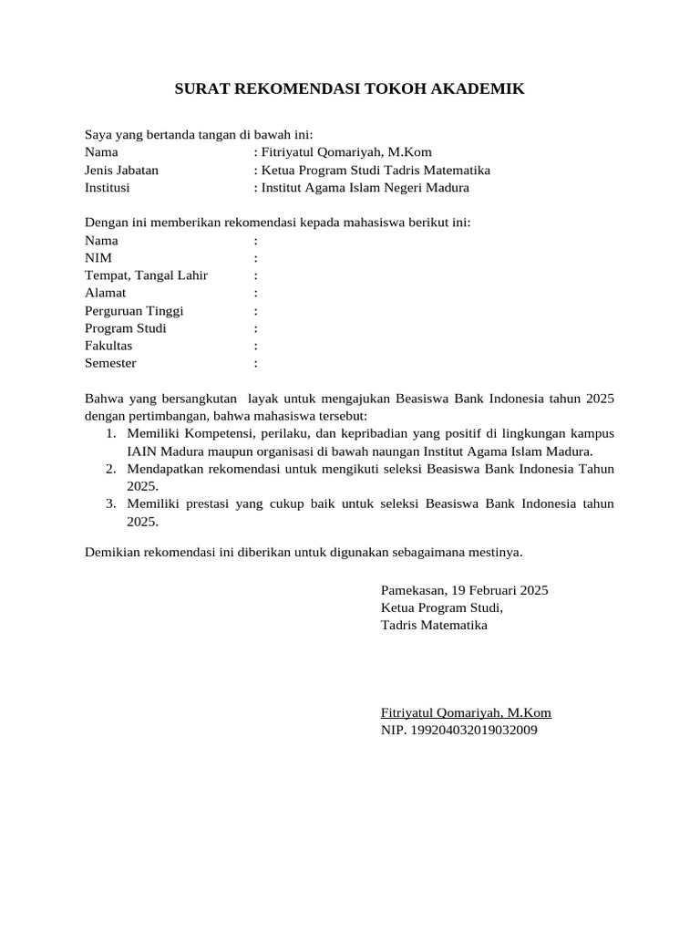 Surat Rekomendasi Beasiswa 2025 | PDF