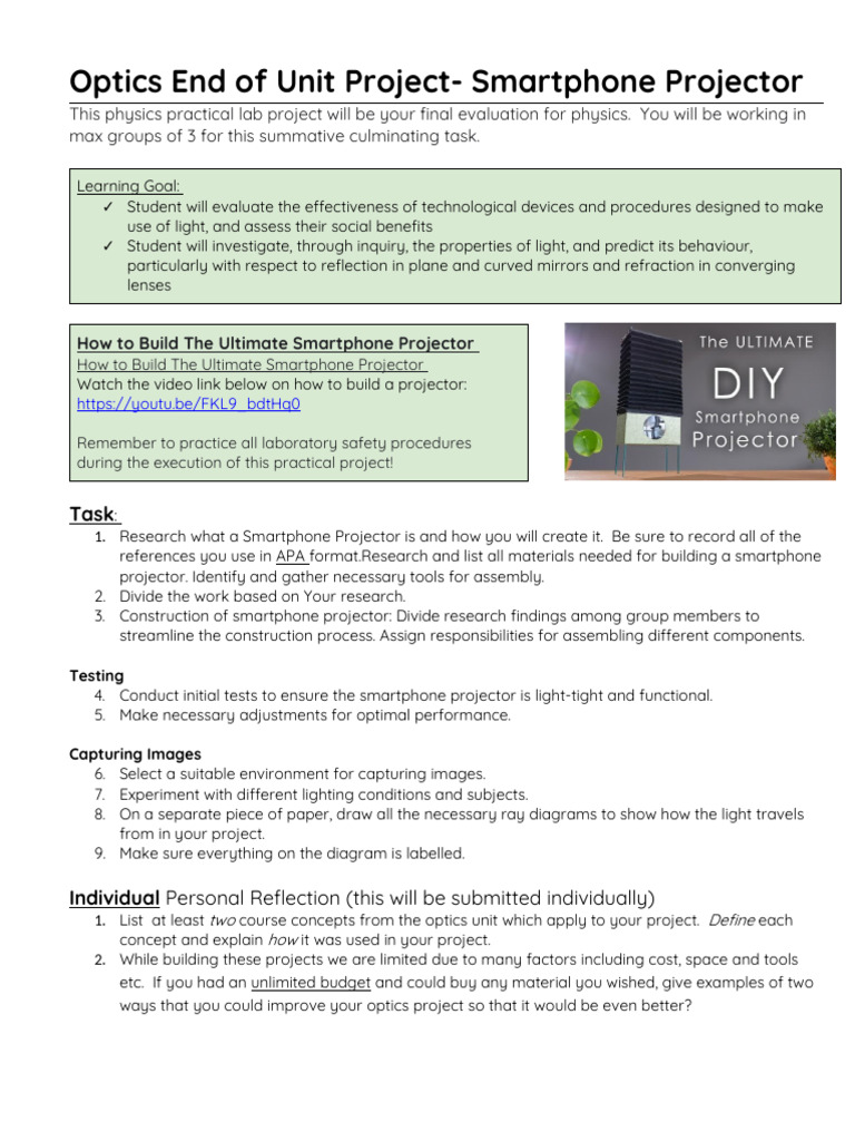 Smartphone Projector Physics Project Guide | PDF | Optics | Reflection ...