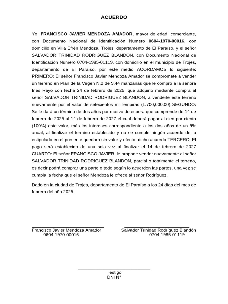 Acuerdo de Venta de Terreno en Trojes | PDF