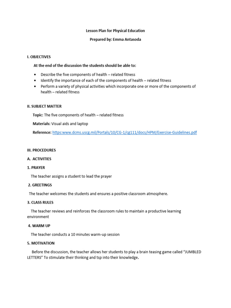 Health-Related Fitness Lesson Plan | PDF | Teachers | Lesson Plan