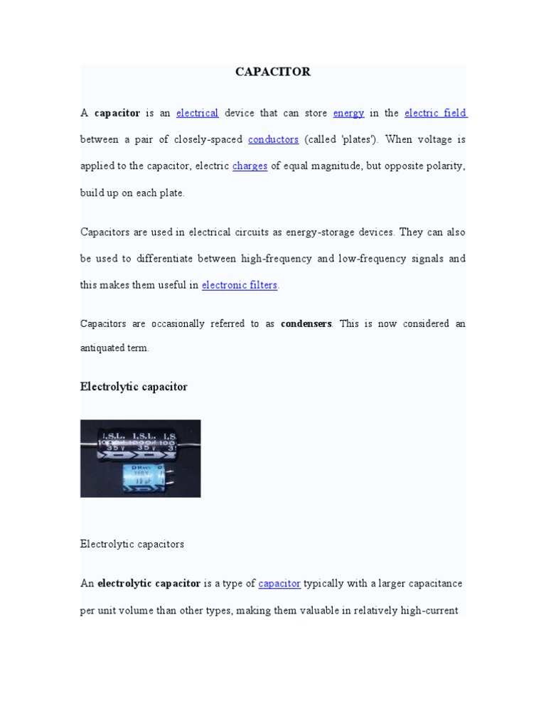 Capacitor: Electrical Energy Electric Field Conductors Charges | PDF ...