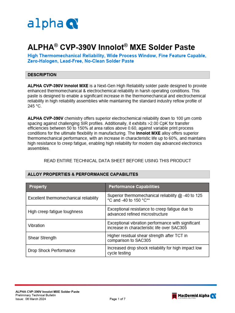 ALPHA CVP 390V Innolot MXE Solder Paste EN 06mar24 TB - 0 | PDF | Materials