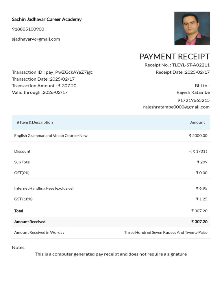 Payment Receipt for English Course | PDF