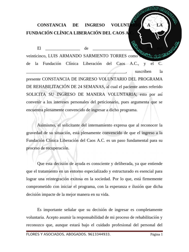 Constancia De Ingreso Voluntario A Rehabilitaci n PDF Terapia