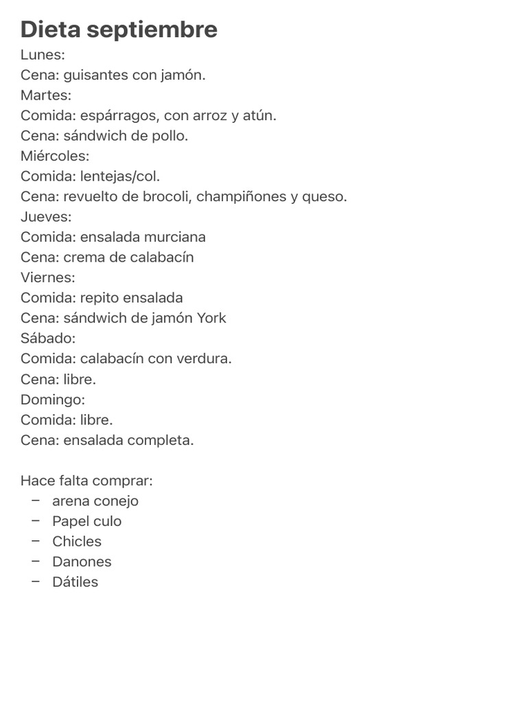 Plan de dieta semanal de septiembre | PDF