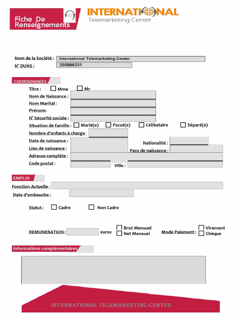 INTERNATIONAL TELEMARKETING CENTER - Formulaire D'Inscription | PDF