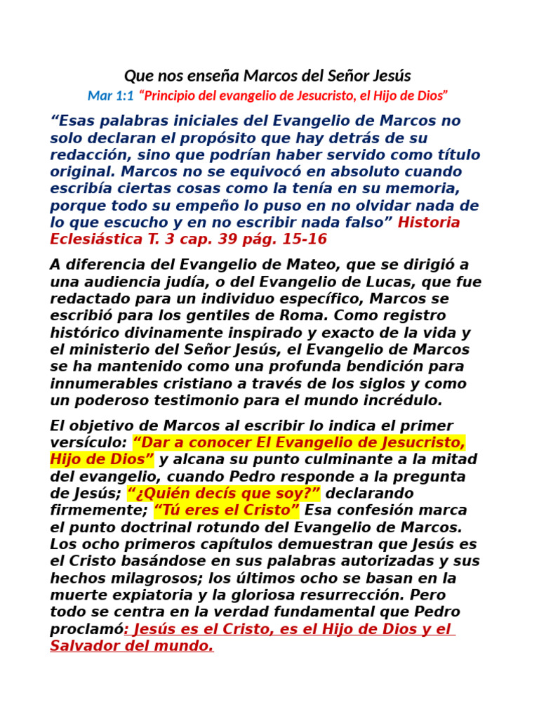 Lecciones del Evangelio de Marcos | PDF | Evangelio de Marcos | Jesús