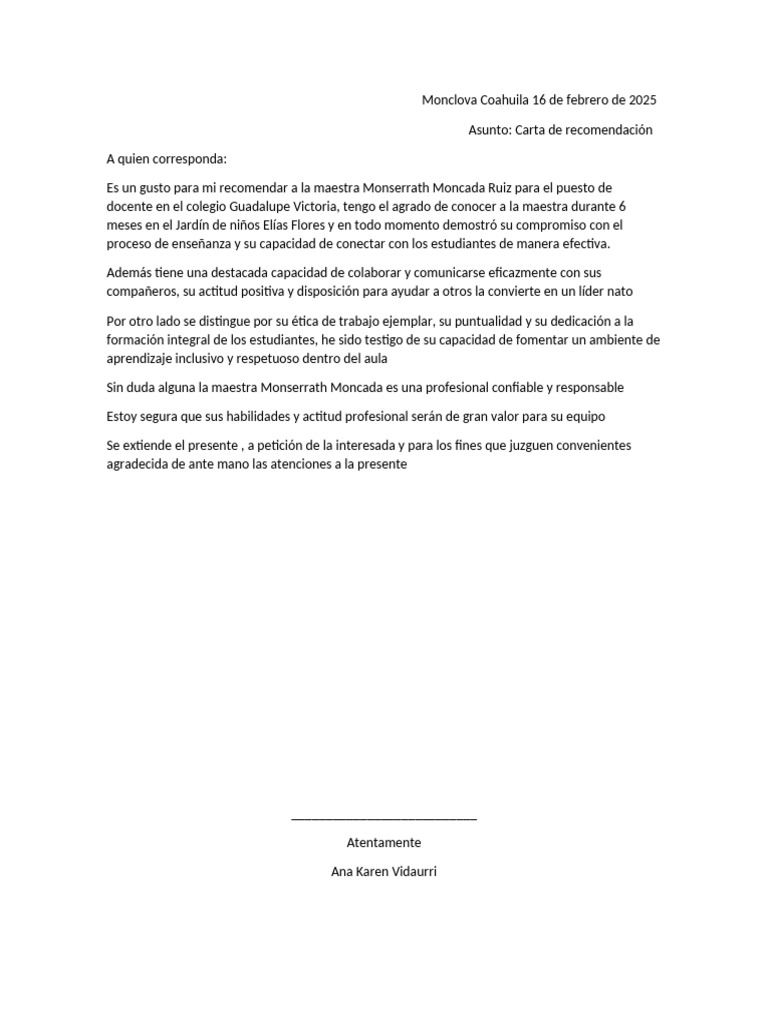 Carta de Maestra Karen | PDF