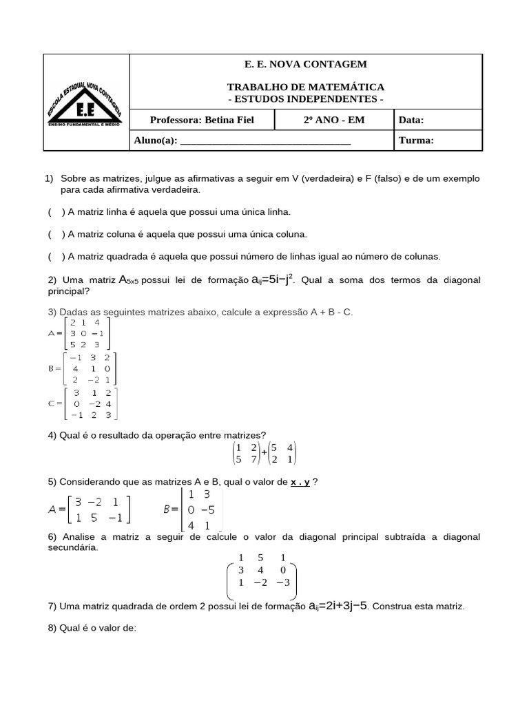 Exercícios de Matrizes para 2º Ano | PDF