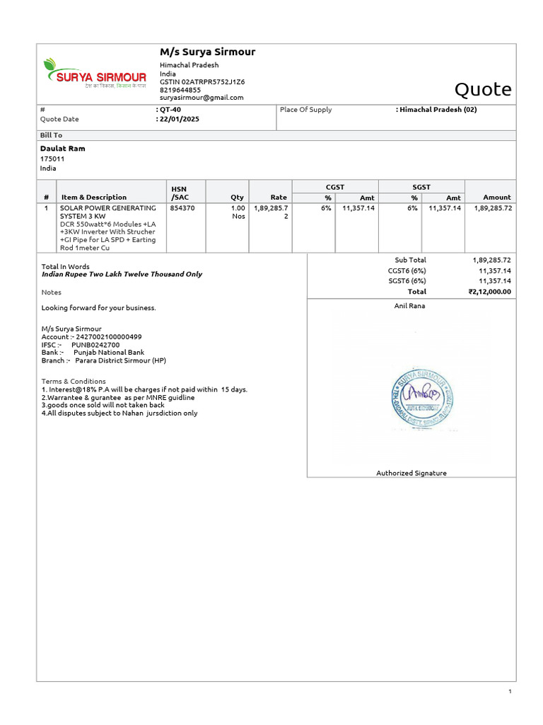 Solar Power System Quotation Details | PDF | Economy Of India
