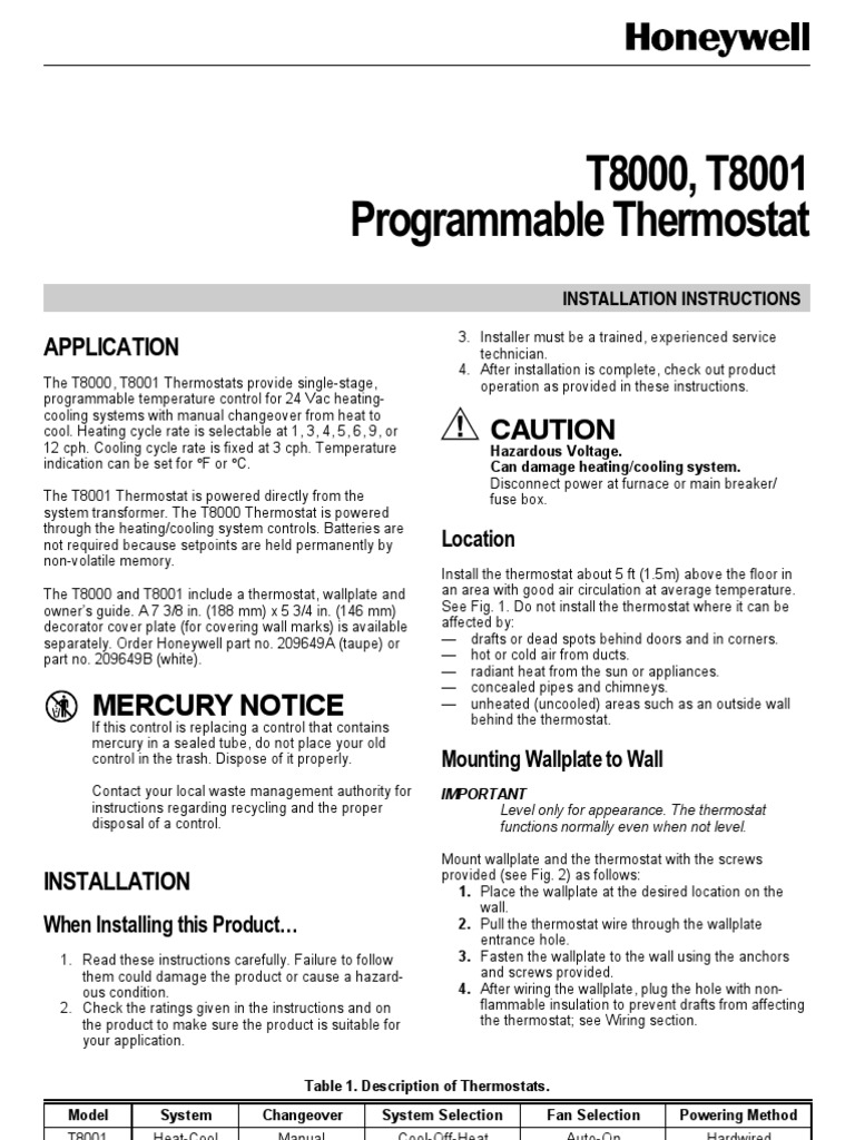 t8001 Thermostat Honeywell | PDF | Thermostat | Hvac