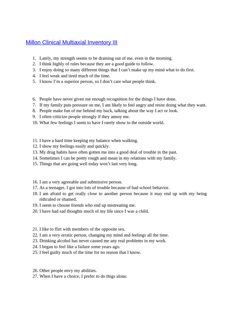 Millon Clinical Multiaxial Inventory III | PDF | Thought | Mind