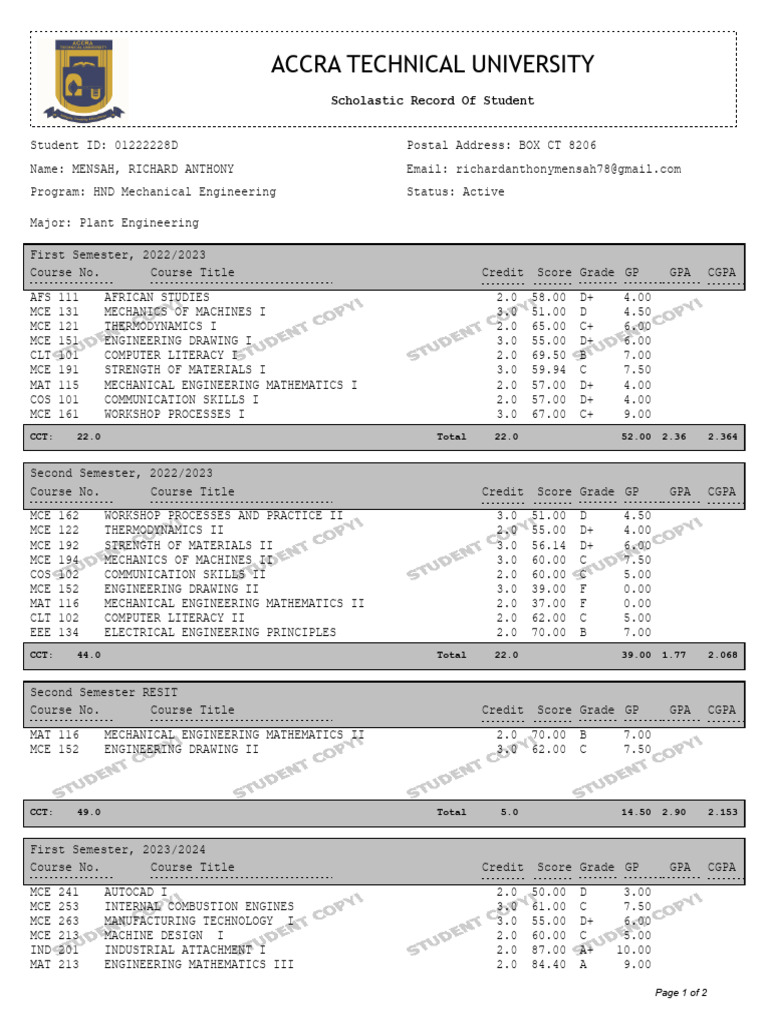 Richard Mensah's Academic Record | PDF | Engineering | Mechanical ...