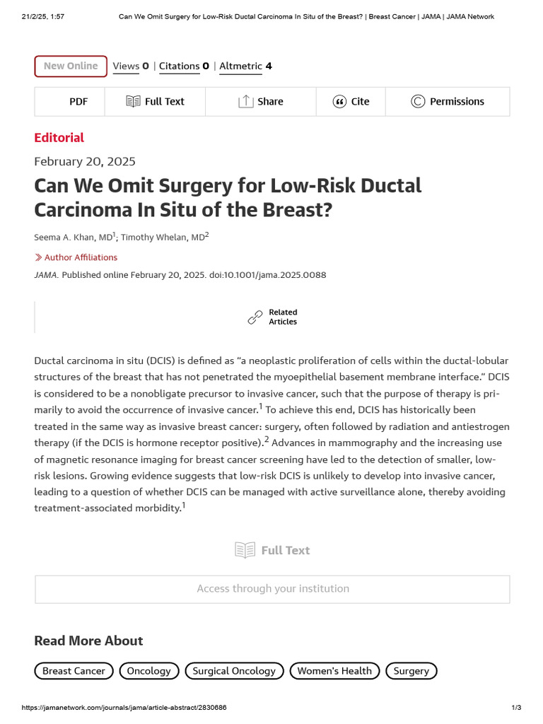 Low-Risk Ductal Carcinoma In Situ of the Breast | PDF | Breast Cancer ...