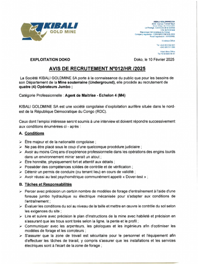 AVIS DE RECRUTEMENT N°012 Jumbo Operator | PDF