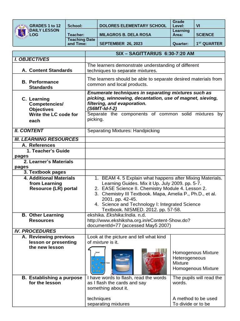 Grade VI Science Lesson: Separating Mixtures | PDF | Mixture | Learning