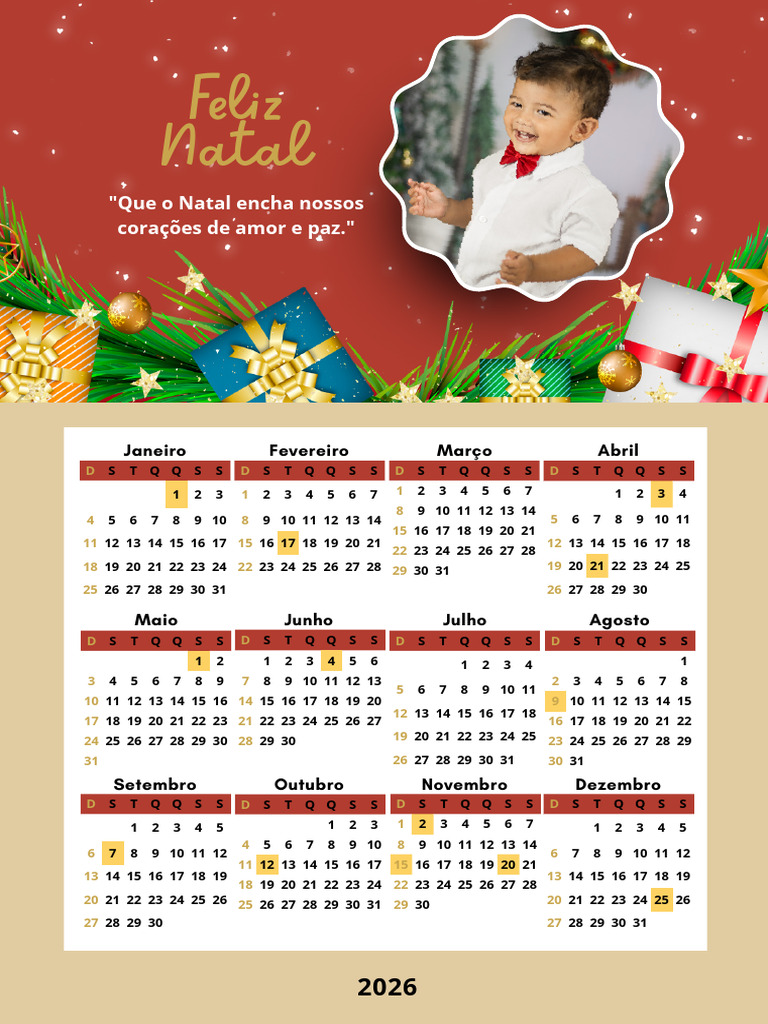 Calendário Natal 2026 para Imprimir | PDF