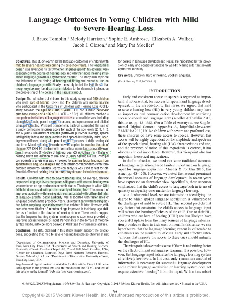Language Outcomes in Children with Hearing Loss | PDF | Language ...