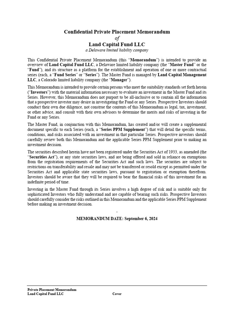 Land Capital Fund Private Placement PPM | PDF | Securities (Finance ...