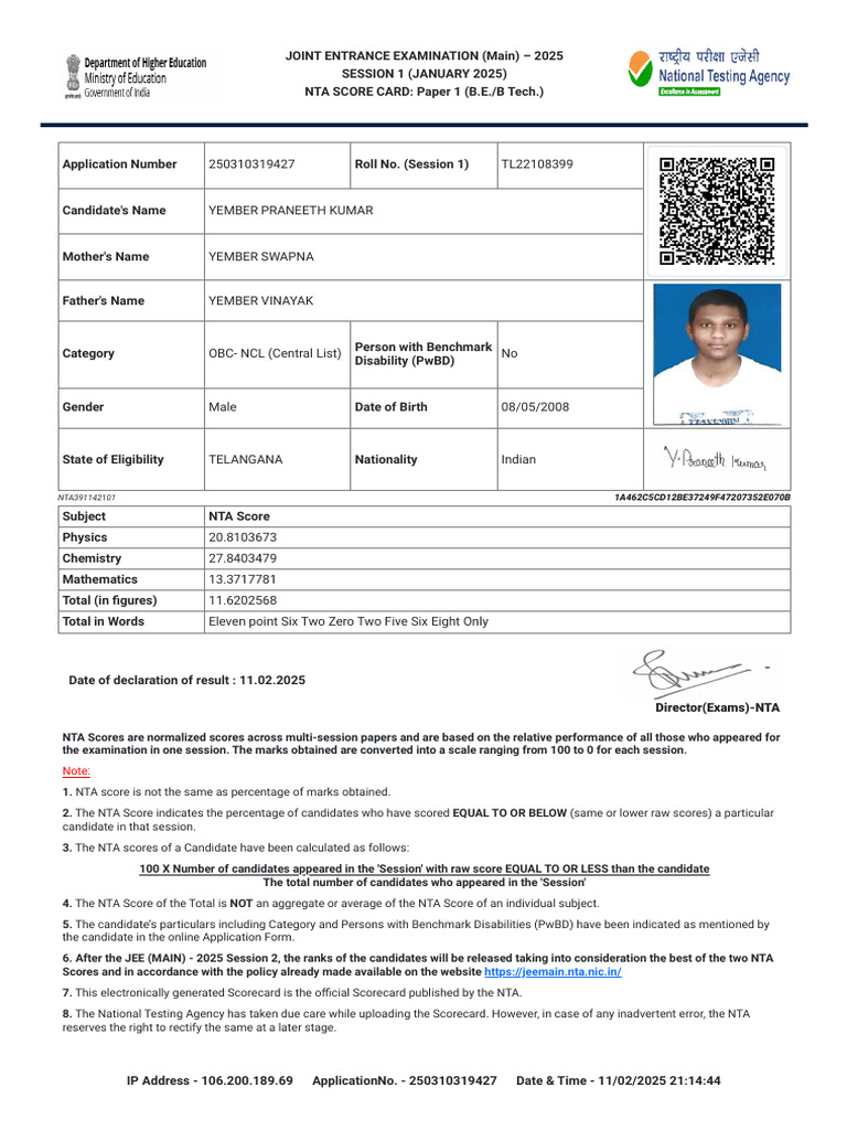 JEE Main 2025 Scorecard for Yember Praneeth | PDF | Vocational ...