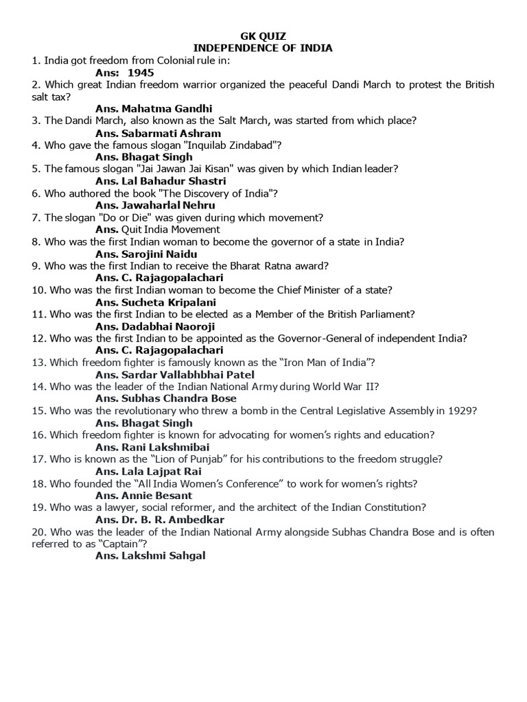 Freedom Fighters Quiz with Answers | PDF