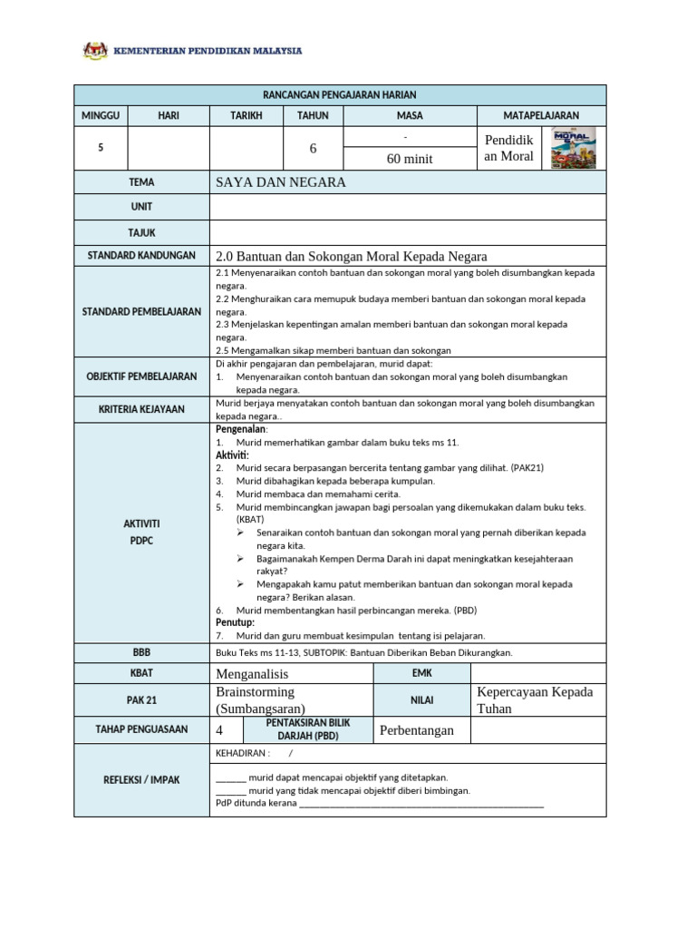 RPH P.MORAL TAHUN 6 V2 Unit 2 | PDF