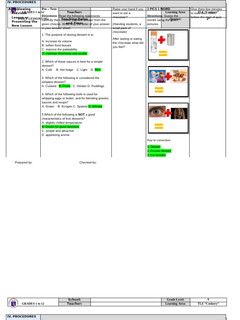 Grade 9 TLE Cookery Daily Lesson Log | PDF | Desserts | Doughnut