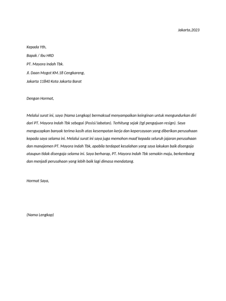 Contoh Surat Pengunduran Diri Kerja | PDF