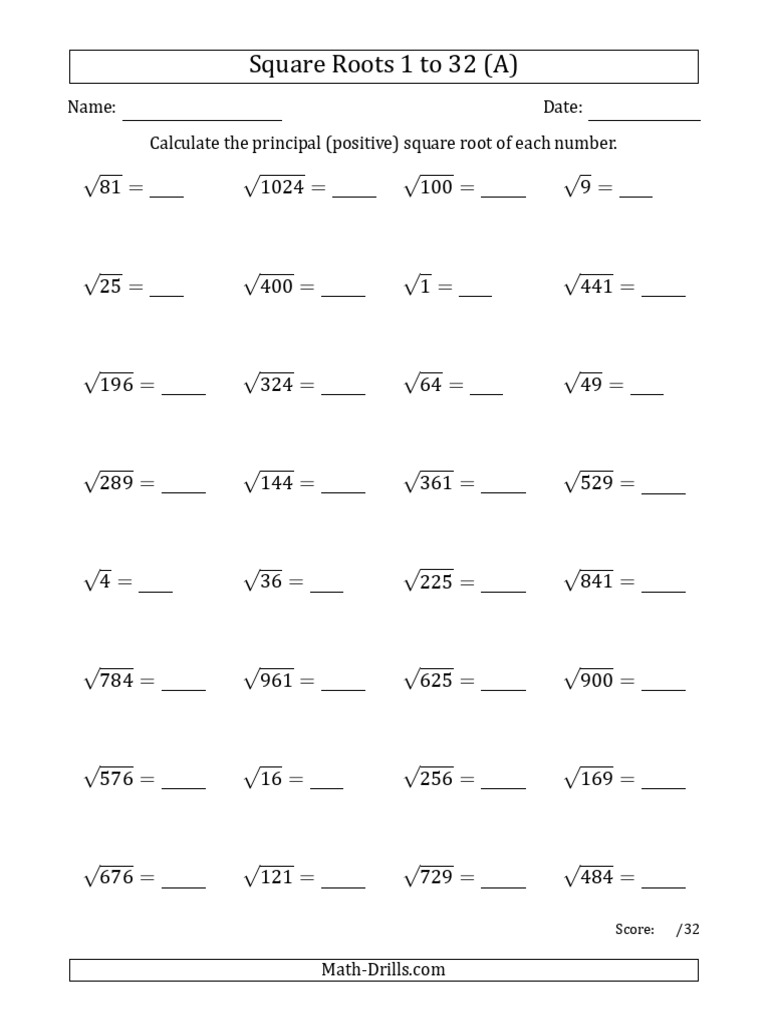 Square Roots from 1 to 32 Worksheet | PDF