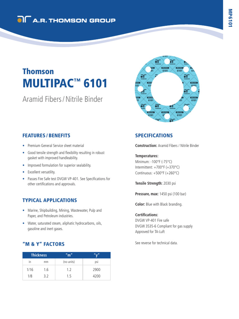 Multipac 6101 Gasket Material Overview | PDF | Materials | Mechanical ...