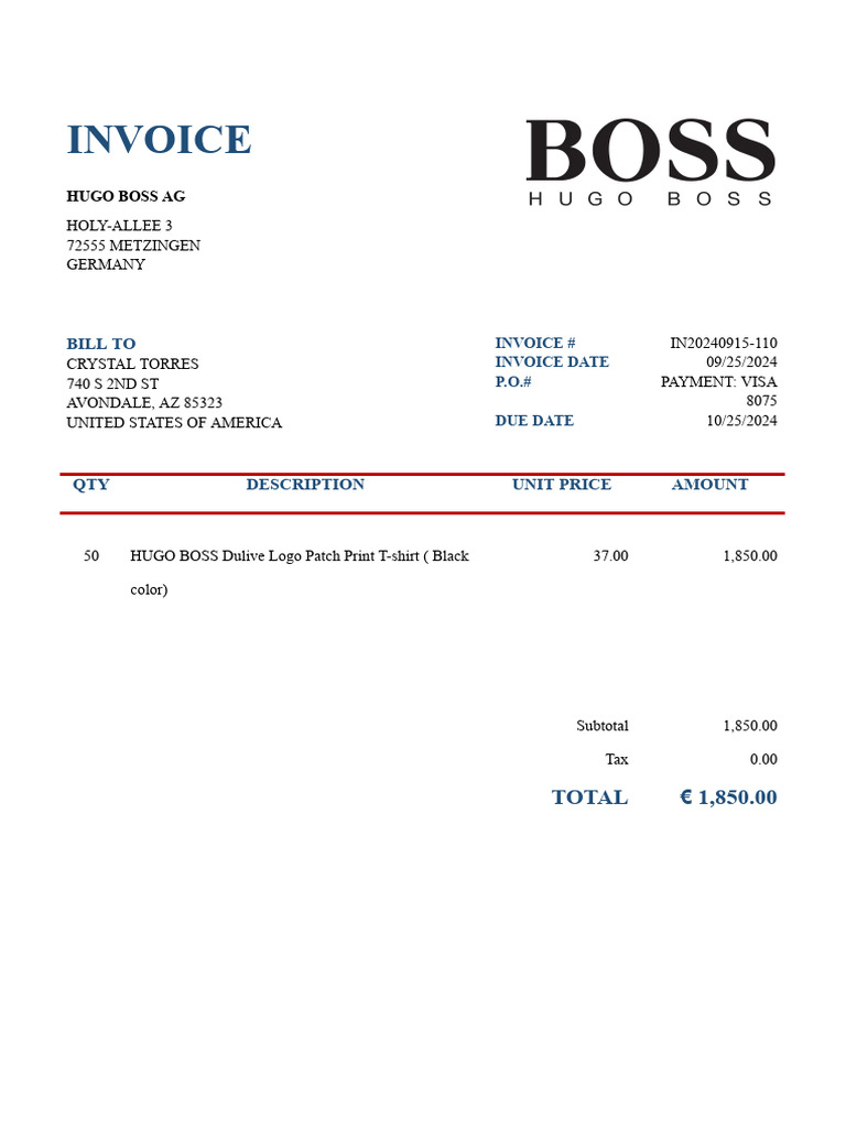 Hugo Boss Invoice for T-shirt Order | PDF