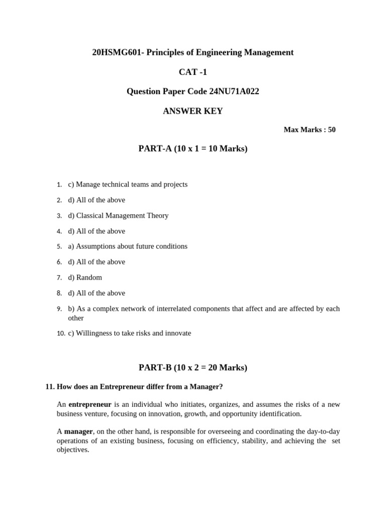 20HSMG601 - Principles of Engineering Management - CAT 1 ANSWER KEY ...