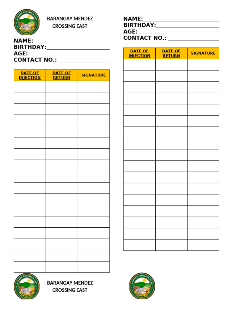 Birthday and Injection Record Form | PDF