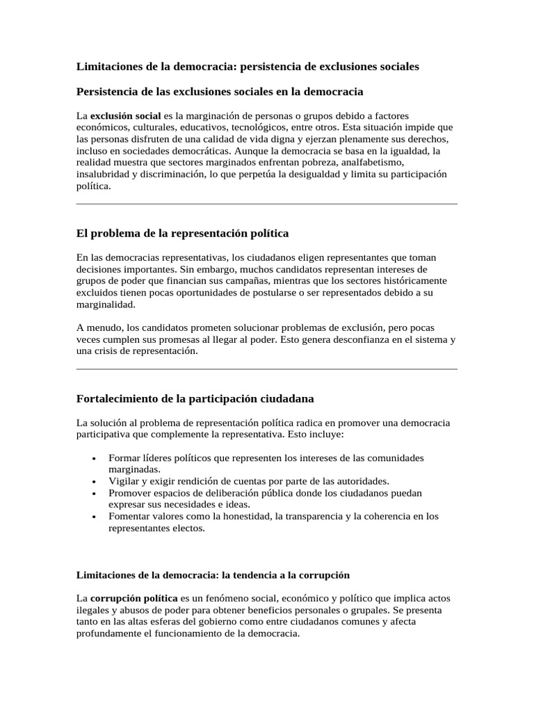 Limitaciones de la democracia y exclusiones sociales | PDF | Corrupción ...
