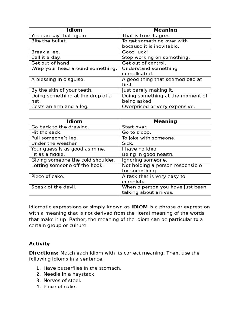 Common Idioms and Their Meanings | PDF