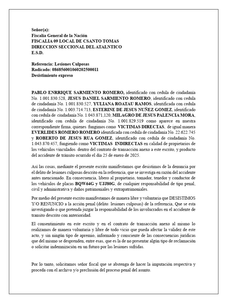 Desistimiento de Lesiones Culposas | PDF | Justicia | Crimen y violencia