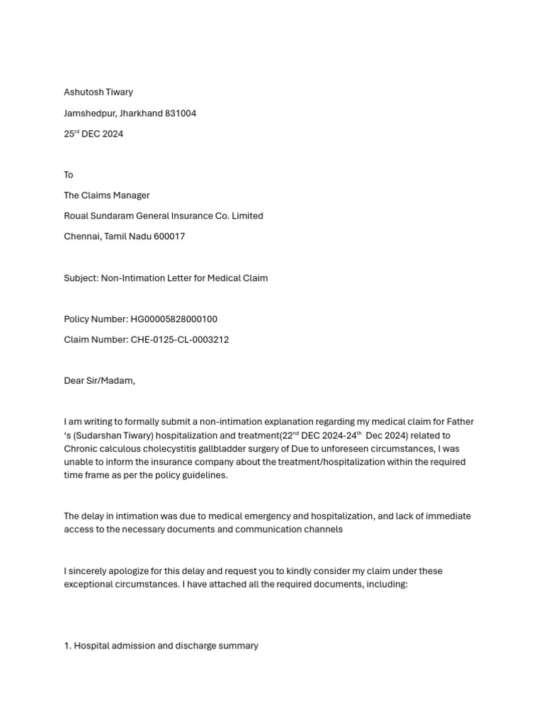 Non-Intimation Letter for Medical Claim | PDF