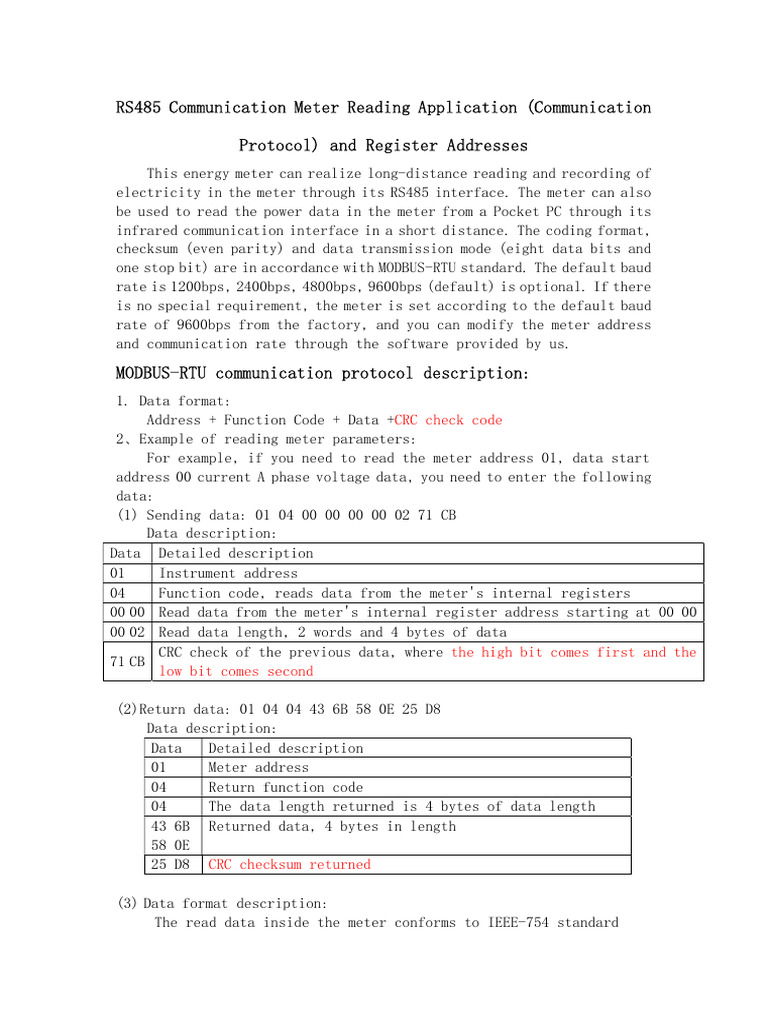 RS485 Meter Reading Protocol Guide | PDF | Bit | Computer Architecture