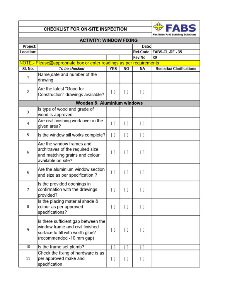 Window Fixing Inspection Checklist | PDF | Building Engineering | Materials