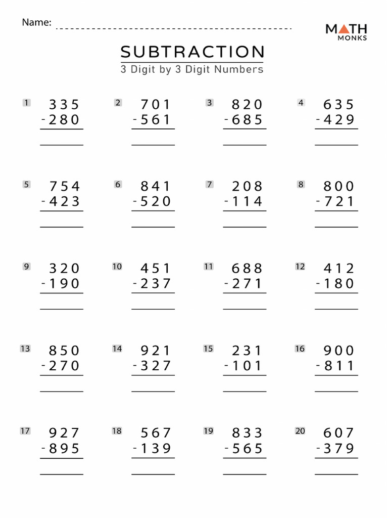 3rd Grade Math Worksheet Subtraction | PDF