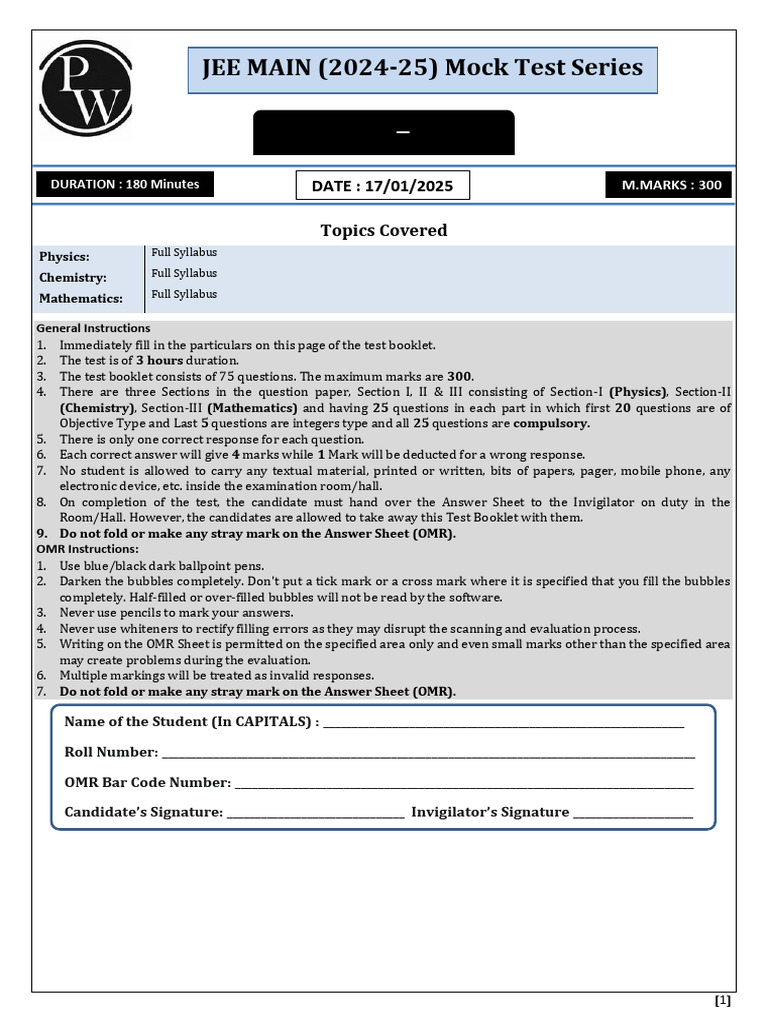 JEE Main 2024-25 Mock Test Instructions | PDF | Neutron | Electronvolt