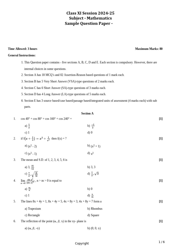 Class 11 Mathematics Sample Paper | PDF | Numbers | Inequality ...