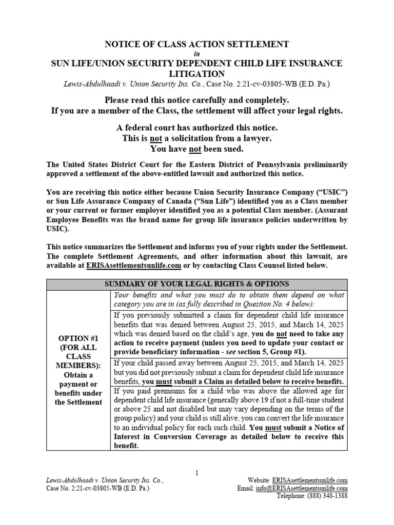 Class Action Settlement Notice: Lewis-Abdulhaadi v. USIC | PDF | Life ...
