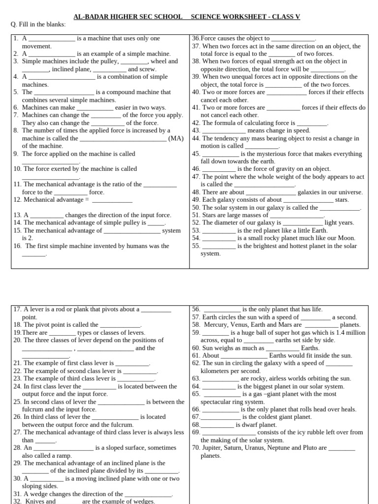 Class V Science Worksheet: Simple Machines | PDF | Planets | Lever