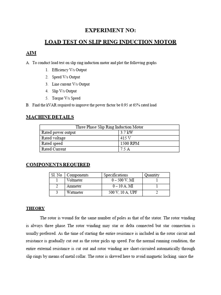Load Testing of Slip Ring Induction Motor | PDF | Electric Motor ...