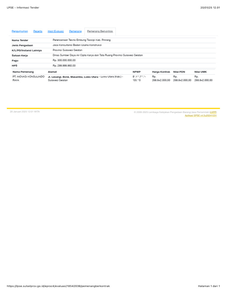 Tender Perencanaan Teknis Pinrang 2025 | PDF