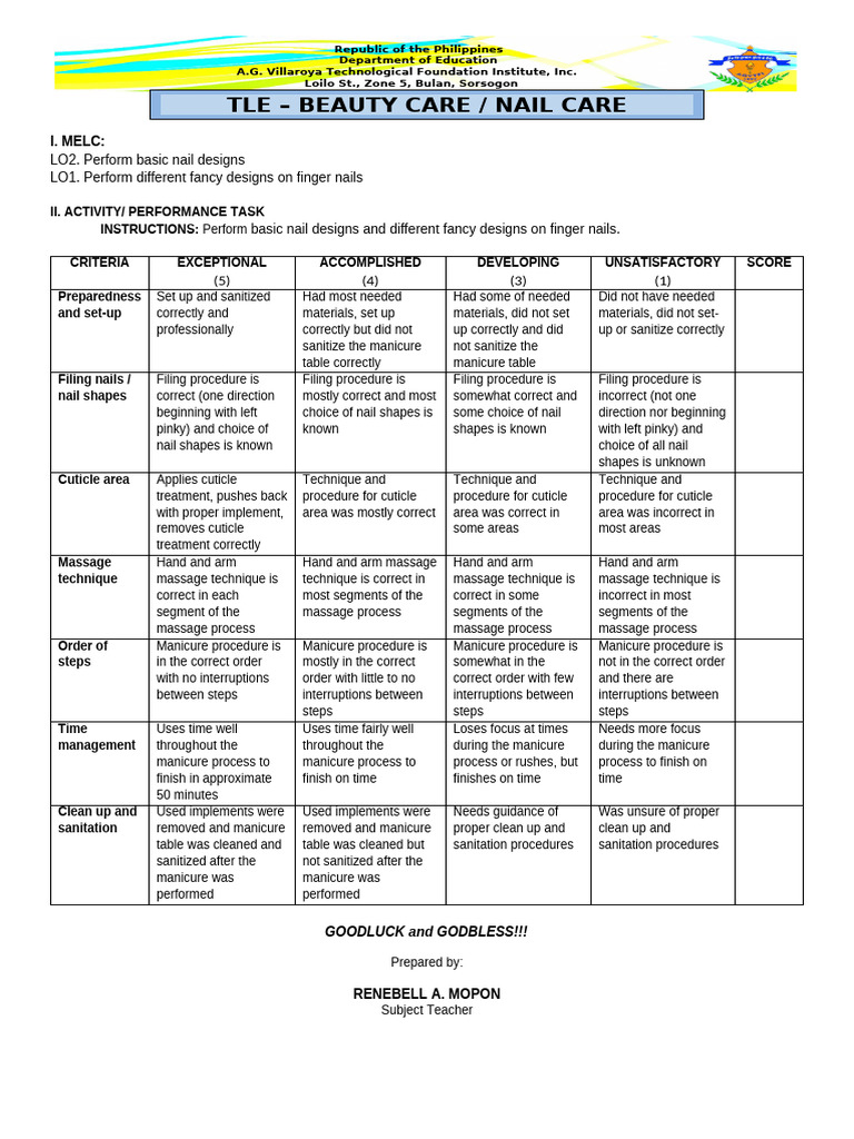 Nail Care Performance Task Guide | PDF | Foot | Beauty