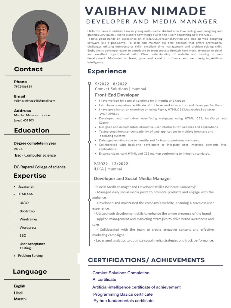 New Vaibhav Nimade Resume | PDF | Web Design | World Wide Web