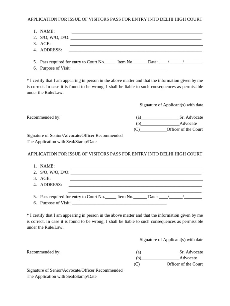 Delhi High Court Visitor Pass Application | PDF | Justice | Crime ...