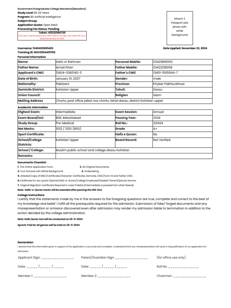 Admission Document Checklist for BS AI | PDF